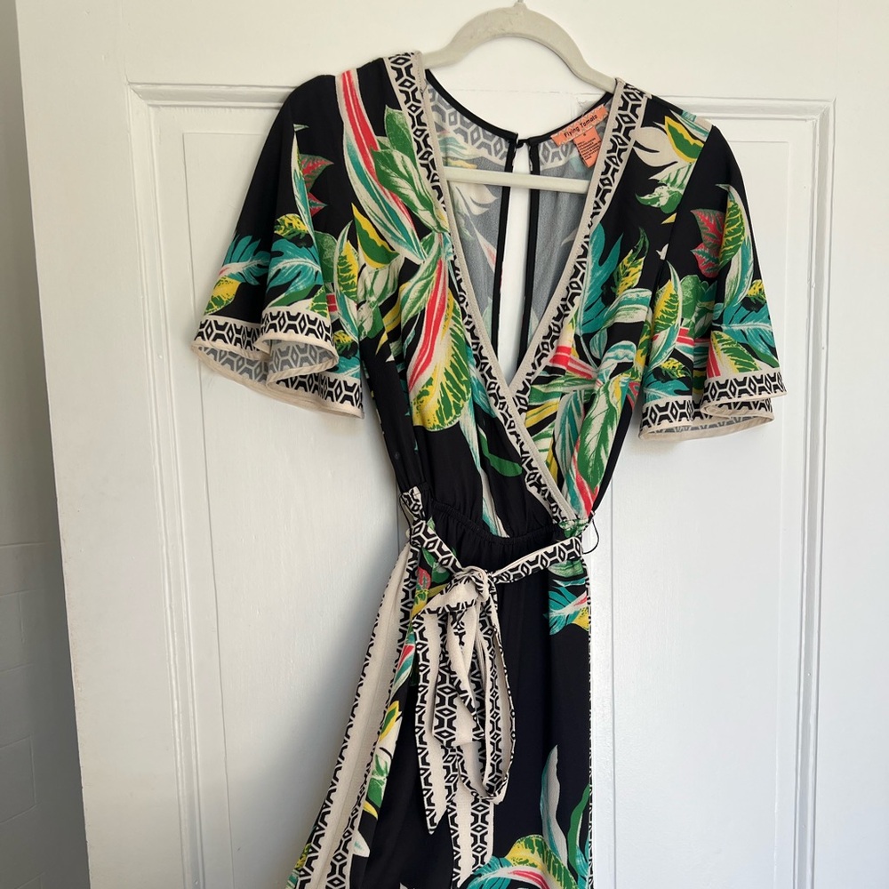 Flying Tomato Black Tropical Print Jumpsuit with Green Accents